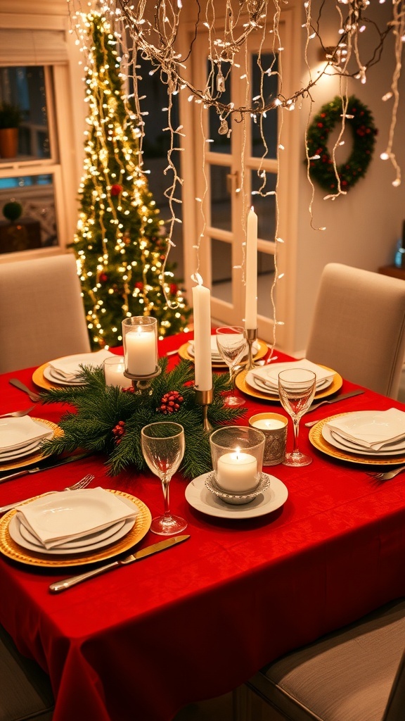 Elegant Christmas Dinner Party Decor Ideas A festive Christmas dinner table with red tablecloth, white dinnerware, evergreen centerpieces, and twinkling lights.
